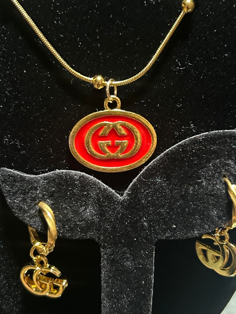 Gold-Tone Red Enamel Logo Pendant Necklace & Hoop Earring Set
